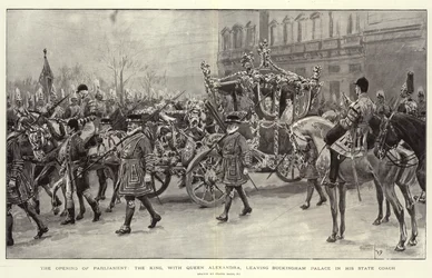 The Opening of Parliament, the King, with Queen Alexandra, leaving Buckingham Palace in his State Coach